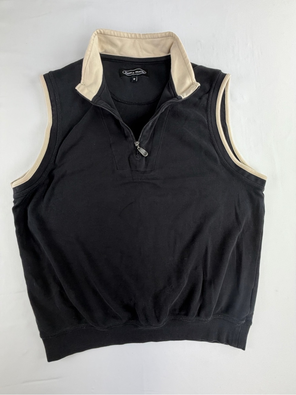 Pebble Beach Black Sleeveless 1/4 Zip-Up Sweater Vest with Cream Trim - Golf M